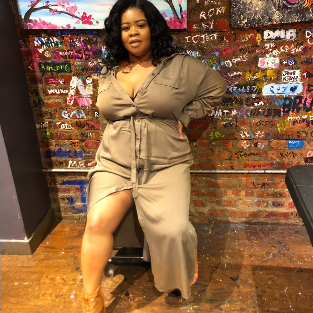 Button Front Split Hem Belted Shirt Dress